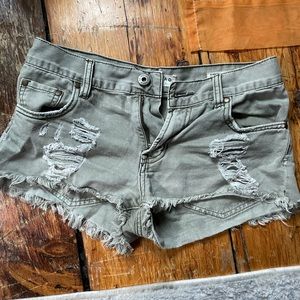 Navy green denim ripped shorts